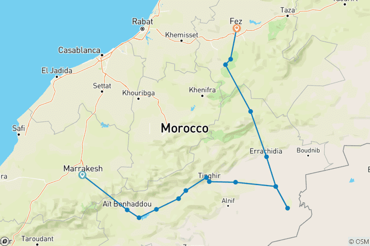Mapa de Excursión de 3 días por el desierto de Marrakech a Fez