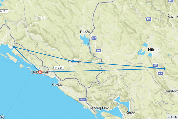 Kaart van Buiten het seizoen een 2-daagse micro rondreis naar Montenegro en Bosnië vanuit Dubrovnik. Ostrog, Trebinje, Tvrdos, Vjetrenica, Zavala.