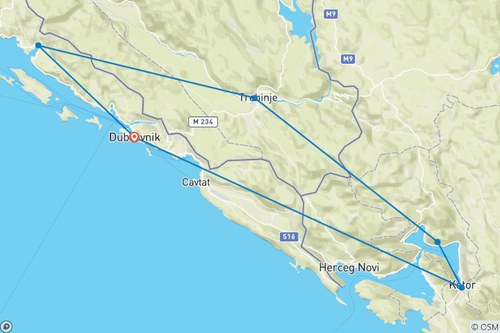 Carte du circuit Micro tour de 2 jours en toutes saisons au départ de Dubrovnik pour visiter le Monténégro et la Bosnie. Kotor, Perast, Trebinje, Tvrdos, Vjetrenica, Zavala.