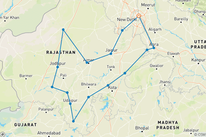 Kaart van Rondreis Door Noord-india