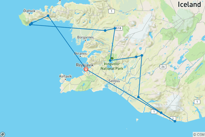 Map of 4 Days  Private tour - Golden Circle, South Coast and Snæfellsnes (Winter)