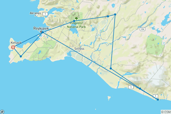 Kaart van Rondreis door IJsland in de winter – Reykjavik, de Golden Circle & de Zuidkust – 5 dagen