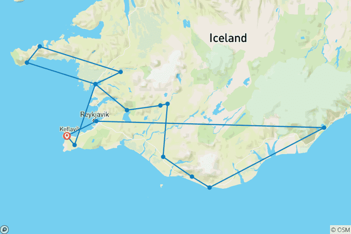 Mapa de Circuito privado de 7 días - Círculo Dorado, Costa Sur, Snæfellsnes y Reikiavik (Invierno)