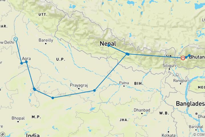 Carte du circuit Circuit culturel Népal Bhoutan avec l'Inde