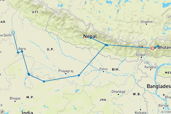 Carte du circuit Circuit culturel Népal Bhoutan avec l'Inde