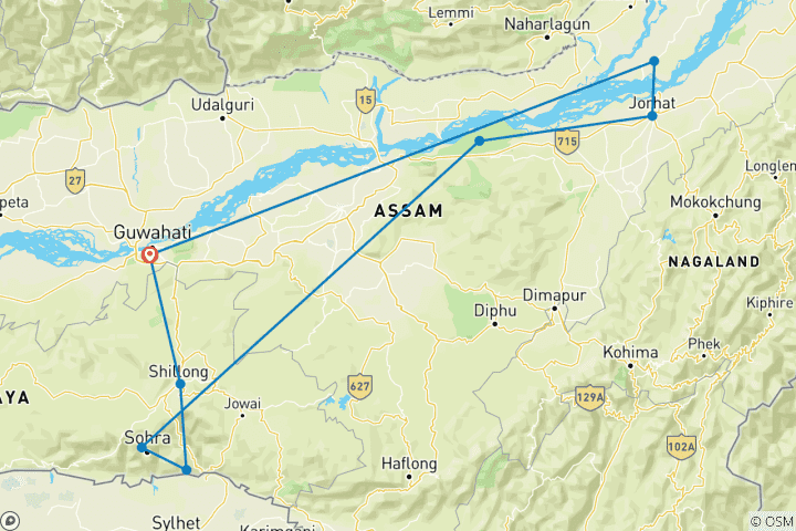 Carte du circuit Circuit de 12 jours dans le nord- est de l'Inde