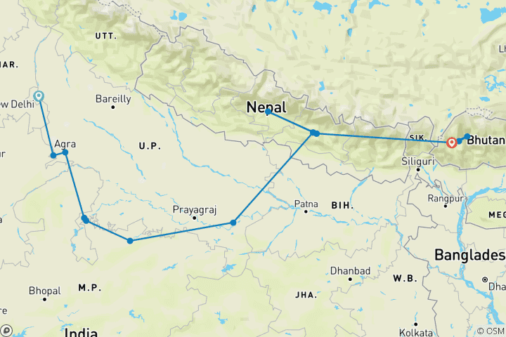 Carte du circuit Incroyable Népal Bhoutan avec l'Inde