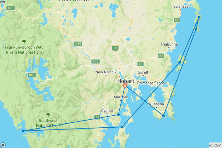 Mapa de Crucero por la Costa Salvaje de Tasmania - Aventura Premium