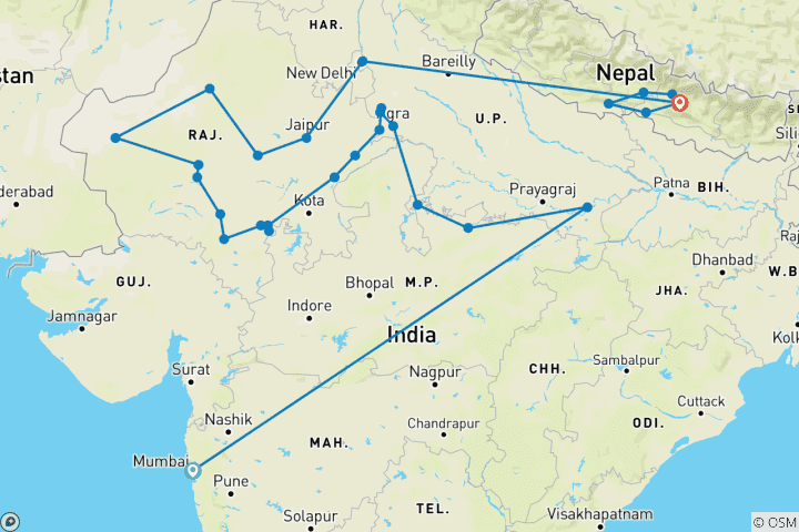 Carte du circuit Voyage en Inde et au Népal