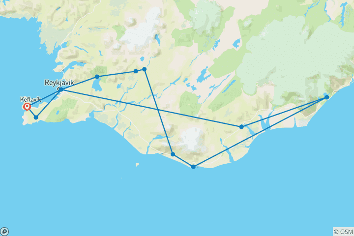 Carte du circuit Circuit de 6 jours en autotour à Reykjavik, au Cercle d'or et dans le sud de l'Islande (hiver)