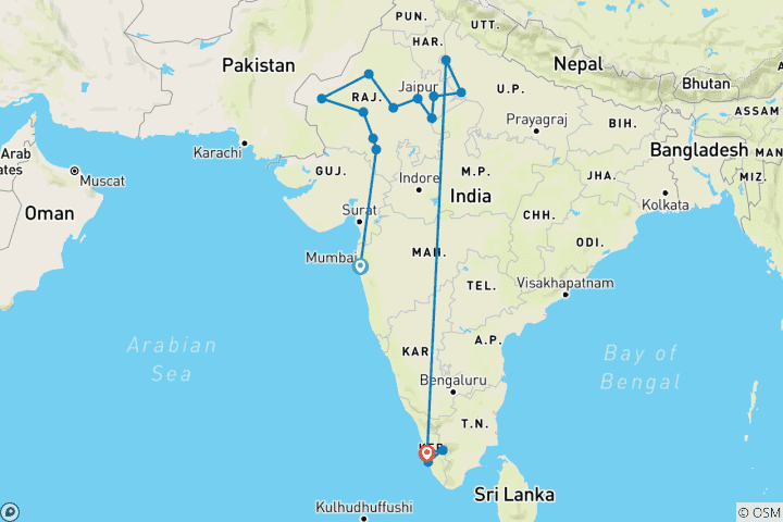 Mapa de Circuito por el norte y el sur de la India desde Bombay