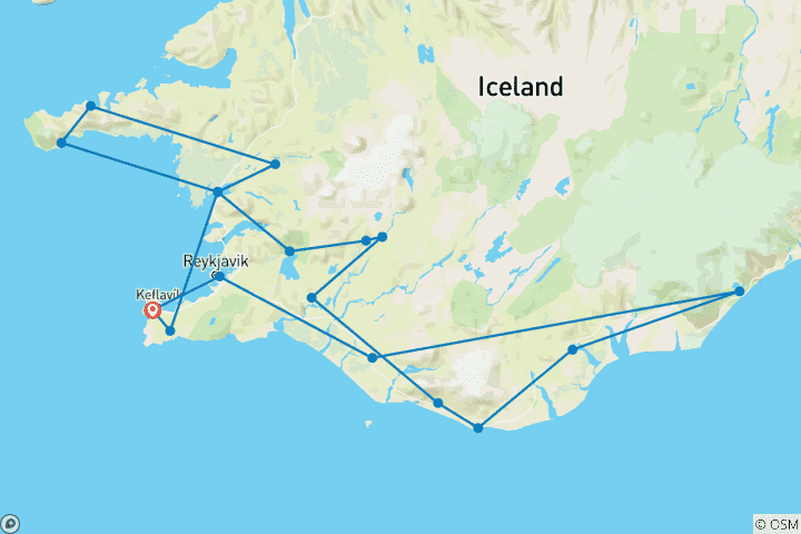 Carte du circuit 7 jours d'autotour | Cercle d'or, côte sud, Snæfellsnes et Reykjavik (Hiver)