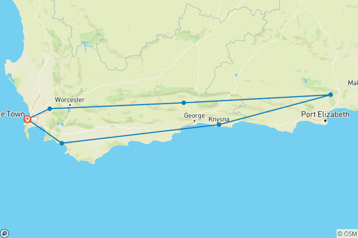 Carte du circuit Cape Town avec Garden Route et vignobles, visite privée