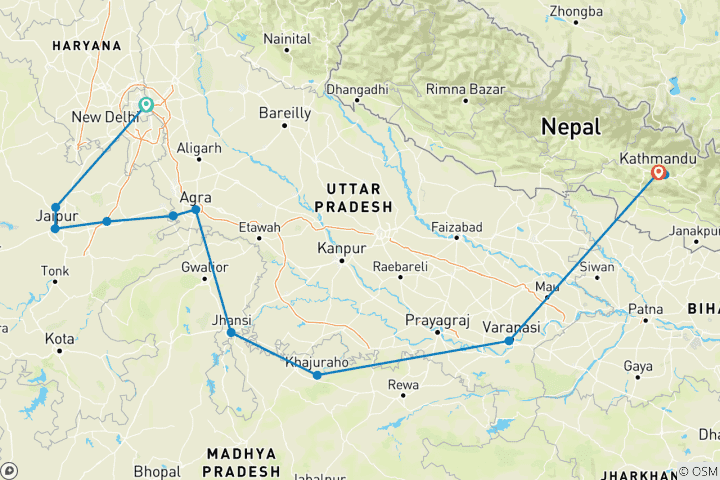 Kaart van Verbazingwekkende India met Nepal Rondreis