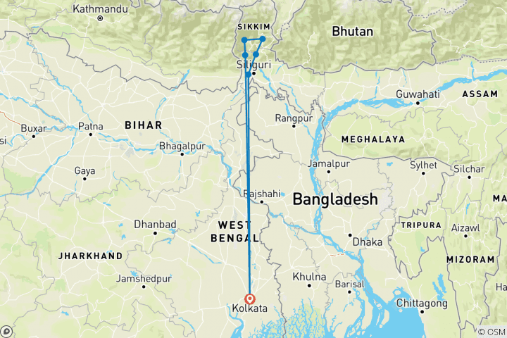 Map of North East India Tour from Kolkata