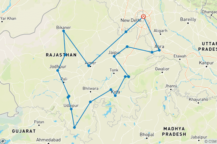 Map of Cultural North India Tour