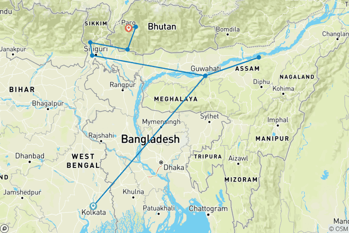 Karte von Nordostindien inkl. Bhutan