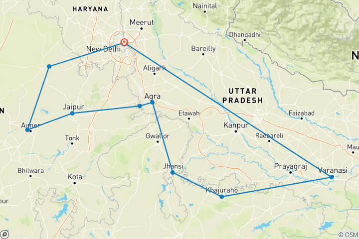 Map of Rajasthan With Agra and Varanasi