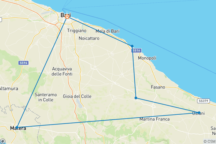 Carte du circuit Circuit de luxe exclusif pour les gays à Matera et dans les Pouilles