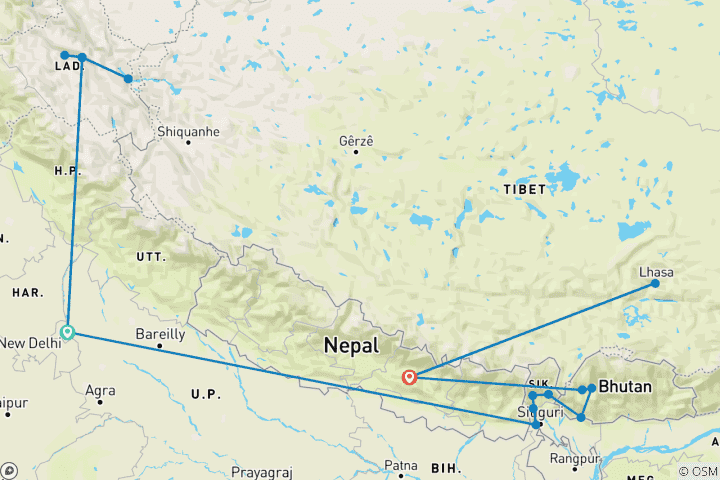 Map of India with Nepal and Bhutan Tour