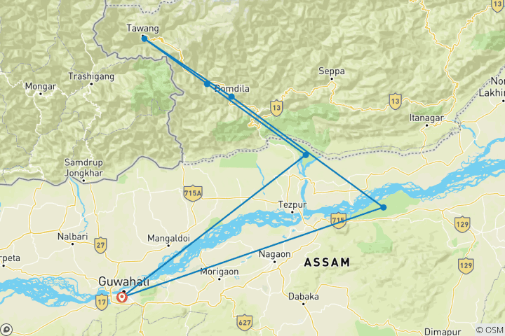 Carte du circuit Circuit monastique et animalier dans le nord- est de l'Inde