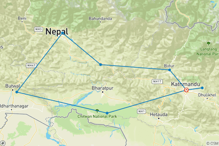 Kaart van Nepal 12 dagen Rondreis