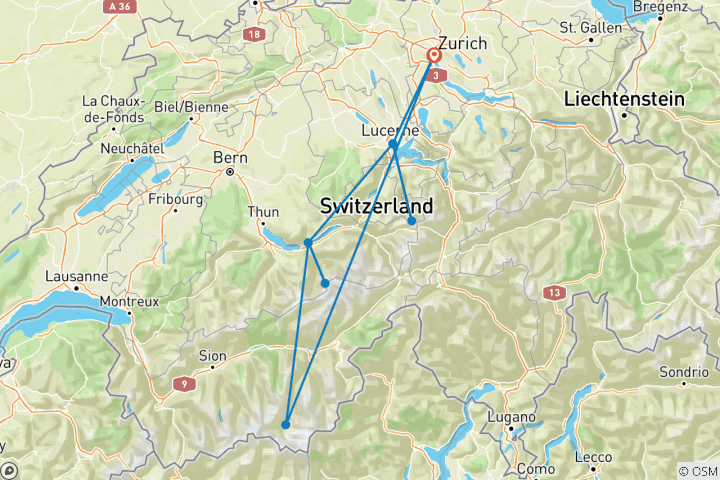 Carte du circuit Tour de Suisse indépendant des sommets montagneux