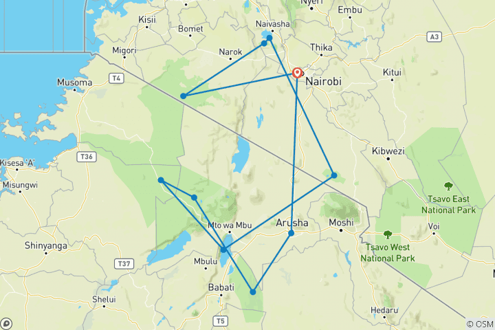 Map of 10 Days Combined Kenya & Tanzania Budget Safari Adventure