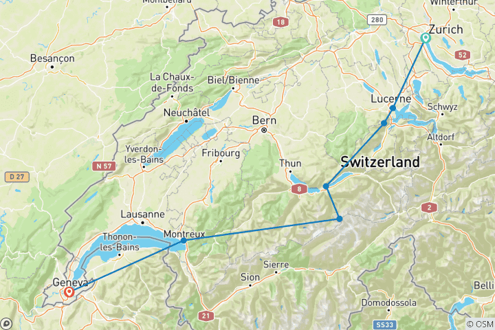 Map of Tailor-Made Luxury Golden Pass Line of Switzerland Trip, Daily Depart