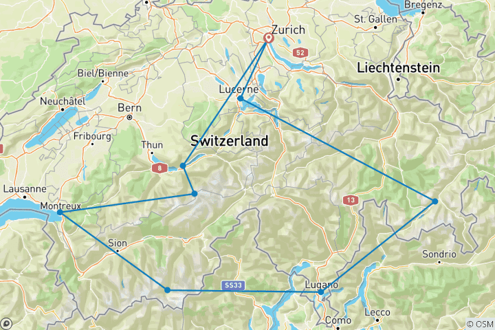 Carte du circuit Circuit indépendant de 8 jours en Suisse en train