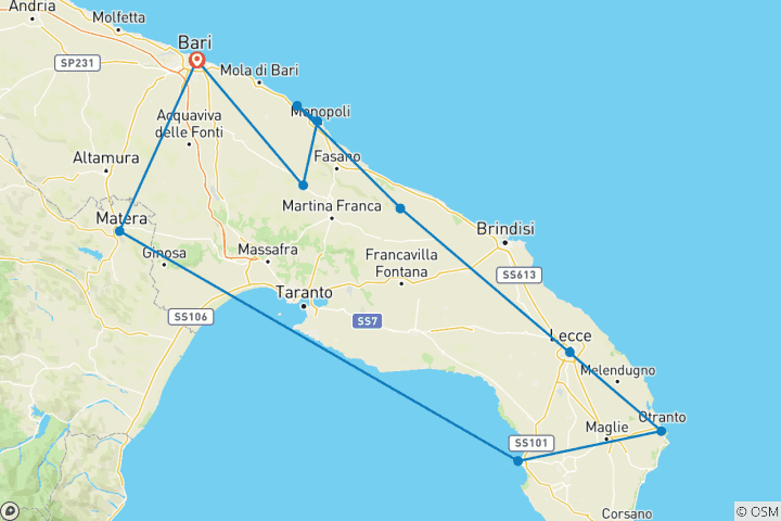 Carte du circuit Voyage dans les pouilles et la région de Matera - 7 jours 6 nuits