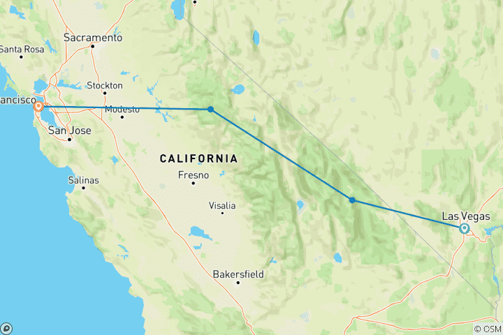 Map of Private Tour 4 Day Death Valley Yosemite San Francisco from Las Vegas Lodging