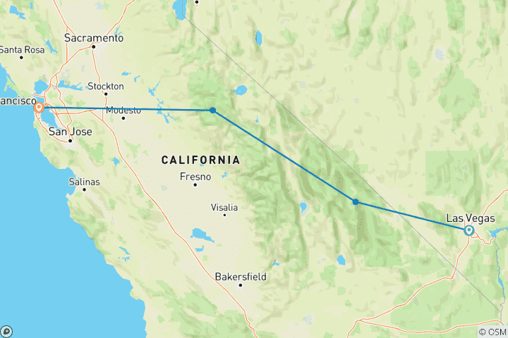 Map of Private 4 Day Death Valley Yosemite San Francisco from Las Vegas Lodging