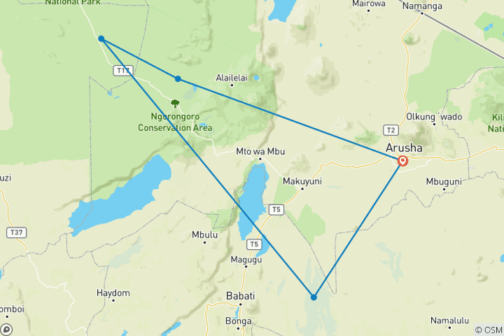 Map of 5-Day Manyara, Serengeti, Ngorongoro and Tarangire