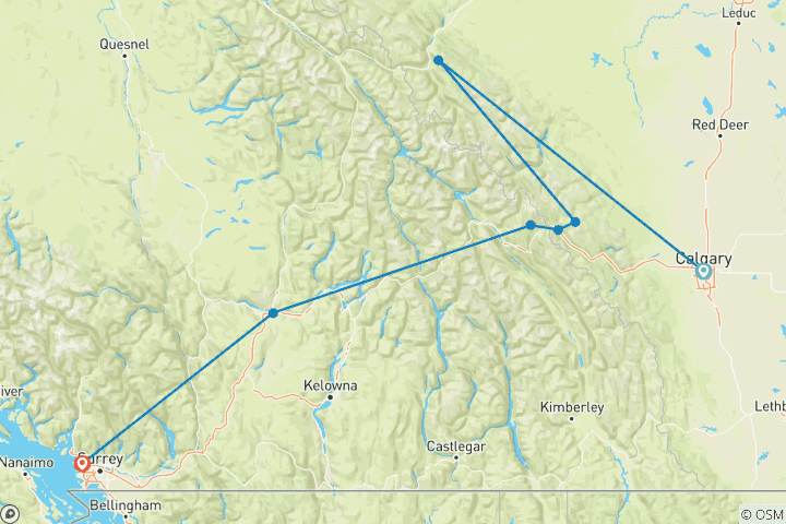 Carte du circuit Circuit estival de 7 jours dans les Rocheuses - Circuit à Vancouver avec Rocky Mountaineer｜Départ de Calgary