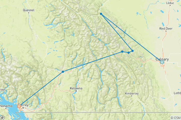 Map of 7-Day Rockies Summer Adventure Tour: Vancouver to Calgary with Rocky Mountaineer