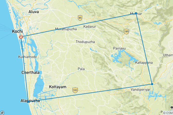 Mapa de Increíble viaje a Kerala desde Cochin - 6 días