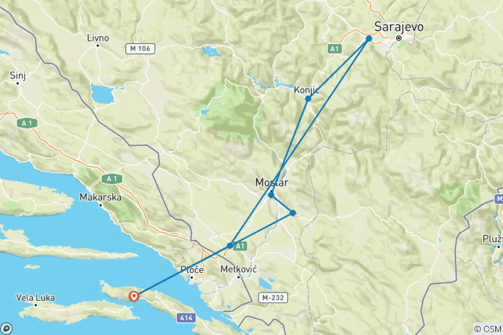 Carte du circuit En toute saison, le meilleur de la Bosnie en 3 jours au départ de Korcula. Mostar, Blagaj, Sarajevo, chutes de Kravice, Radimlja, Konjic, Stolac, pyramide de Visoko. Sites de l'UNESCO. Nature. Architecture. Histoire. Cuisine