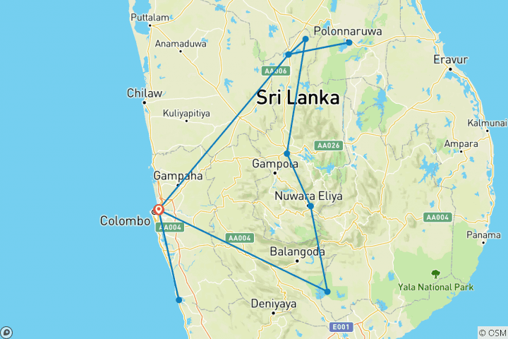 Kaart van Het beste van Sri Lanka & Strand - 12 dagen