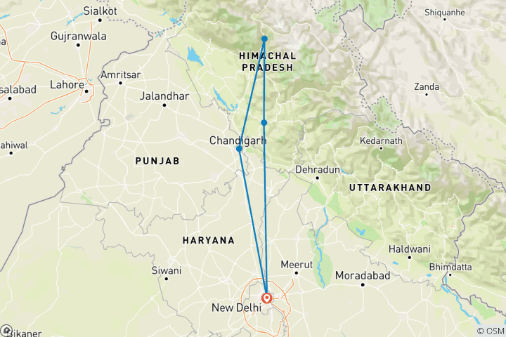 Kaart van Betoverend Shimla, Manali & Chandigarh vanuit Delhi - 07 Dagen