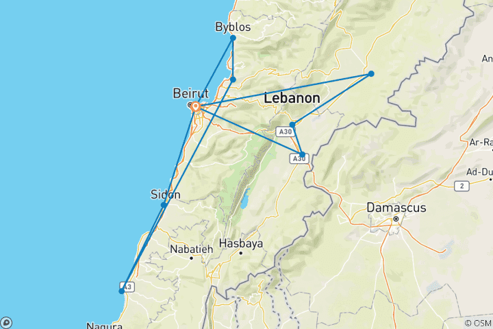 Carte du circuit Circuit privé personnalisé au Liban, départ quotidien et guide exclusif