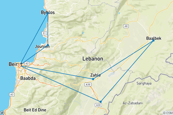 Carte du circuit Vacances personnalisées au Liban avec départ quotidien - guide et chauffeur privés