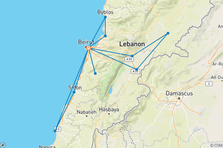 Carte du circuit Circuit familial sur mesure au Liban avec départ quotidien et guide privé