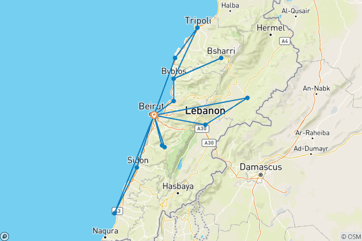 Carte du circuit Aventure sur mesure au Liban avec départ quotidien et guide privé