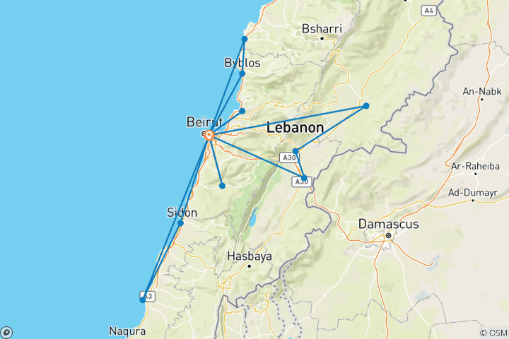 Carte du circuit Voyage sur mesure au Liban avec départ quotidien - guide et chauffeur privés