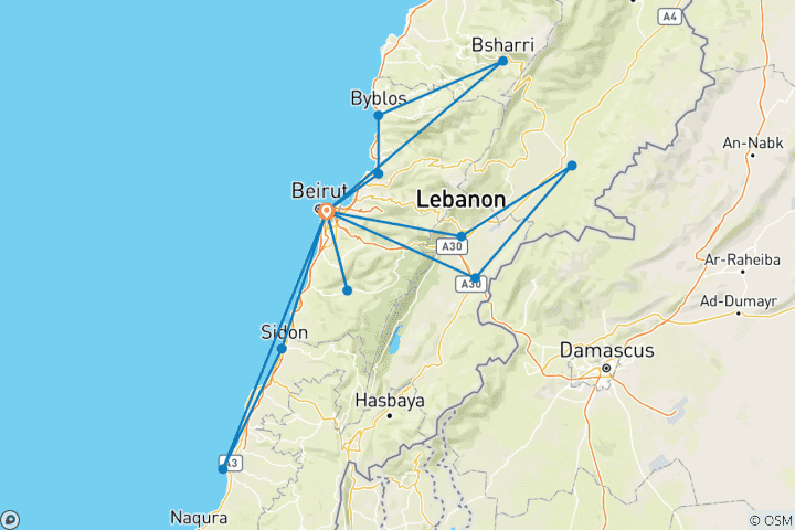 Carte du circuit Circuit sur mesure au Liban avec départ quotidien et guide privé
