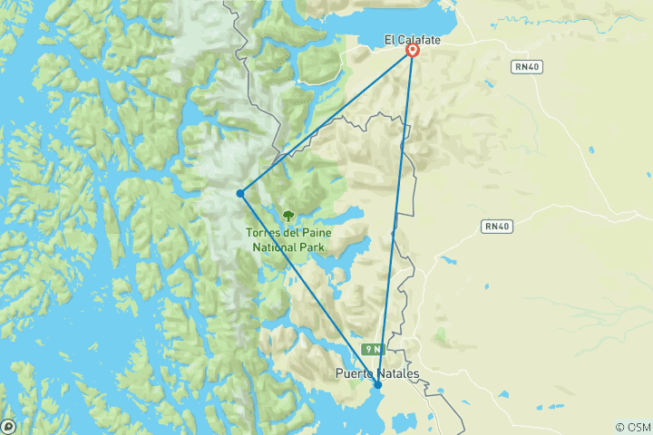 Map of W Trek in Torres del Paine National Park - GROUP TOUR