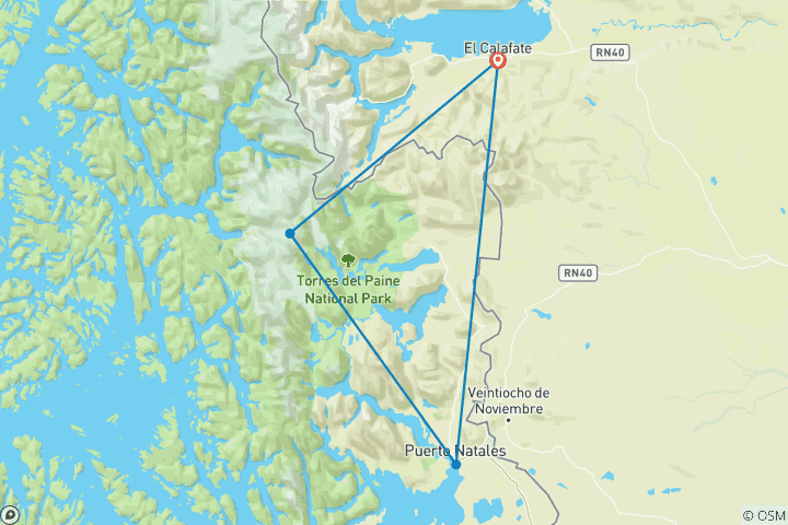 Map of W Trek in Torres del Paine National Park - GROUP TOUR