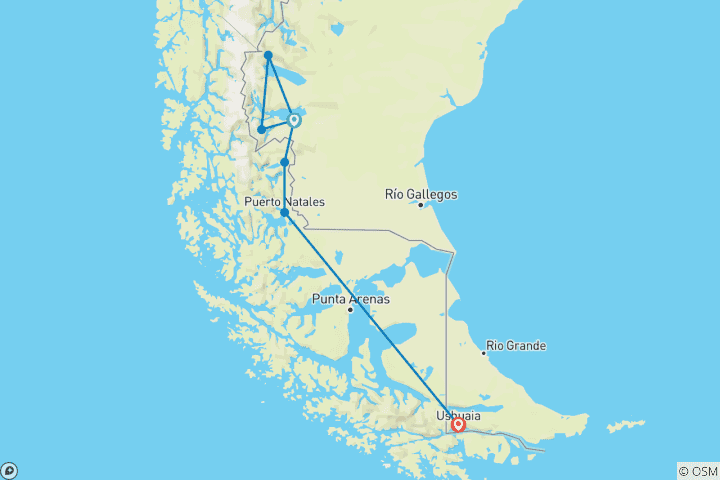 Map of Full Patagonia Adventure Trip - GROUP TOUR