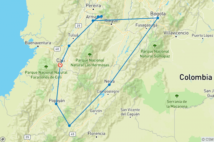 Carte du circuit Tresors naturels et cachés de la Colombie, 10 jours, unique - privé : Cali, Popayán, San Agustín, Neiva, Bogotá, région du café